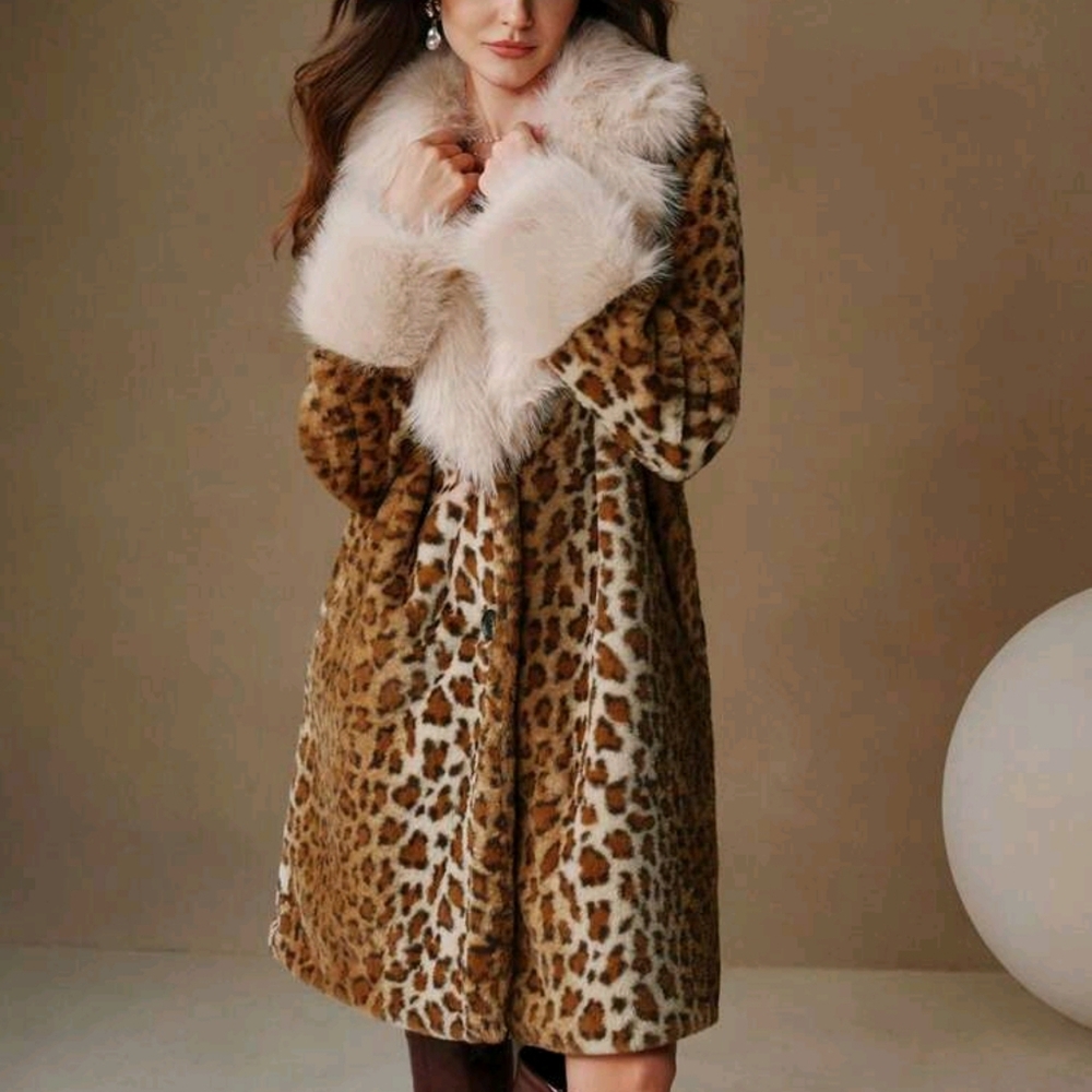 Faux Fur Leopard Print Fluffy Trim A-Line Waist Long Women's Coat - Picture 4 of 9